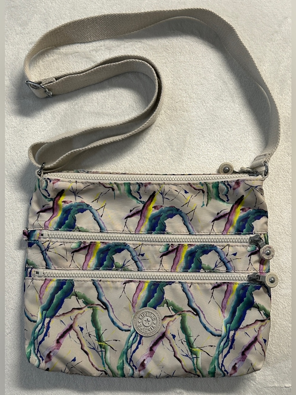 KIPLING white multicolour "marbles" 4-pocket crossbody purse